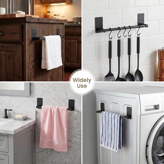 Songtec Stick Towel Bar Black 12-Inch, Adhesive Bath Towel Rack No Drill, Strong Adhesion Tape Mount Towel Holder, Stainless Steel - Black