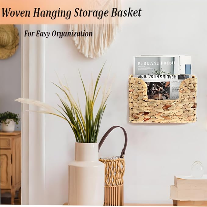 Hanging Magazine Basket, Woven Wall Magazine Holder Organizer with Handle for Mail, Files, Books - Water Hyacinth Farmhouse Storage Rack for Bathroom, Kitchen, Office
