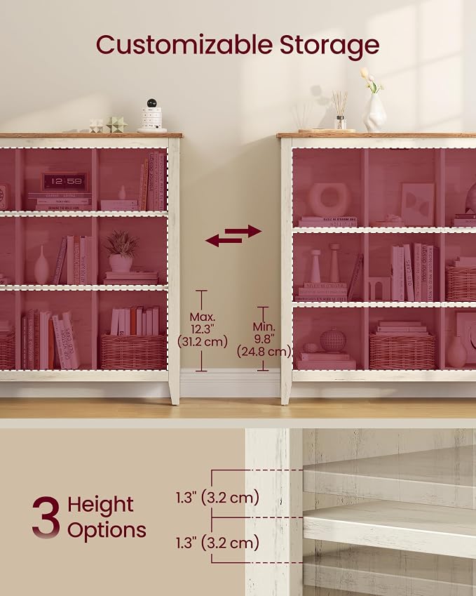 VASAGLE Liry Collection Farmhouse Bookcase, 9-Cube Storage Organizer with Legs, Adjustable Shelves, 38.6 x 11.6 x 41.3 in, for Home Office, Living Room, Cloud White and Warm Brown ULBC139W101S