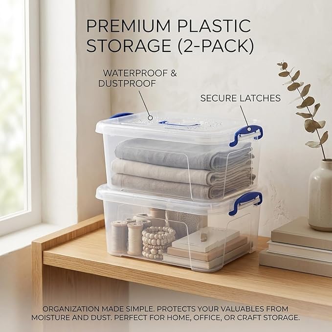 9 Quart Clear Storage Latch Bins with Lids/Handle, Plastic Clear Stackable Box, 9-Liter (2 Pack)