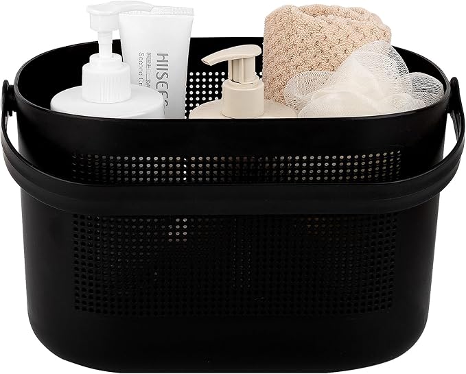 Plastic Portable Shower Caddy Basket, Storage Organizer with Handle, Black | Bottom Drain Holes, Keep Dry, Sturdy and Durable, Easy to Carry for Bathroom, Kitchen, Dorm Room, RV, College