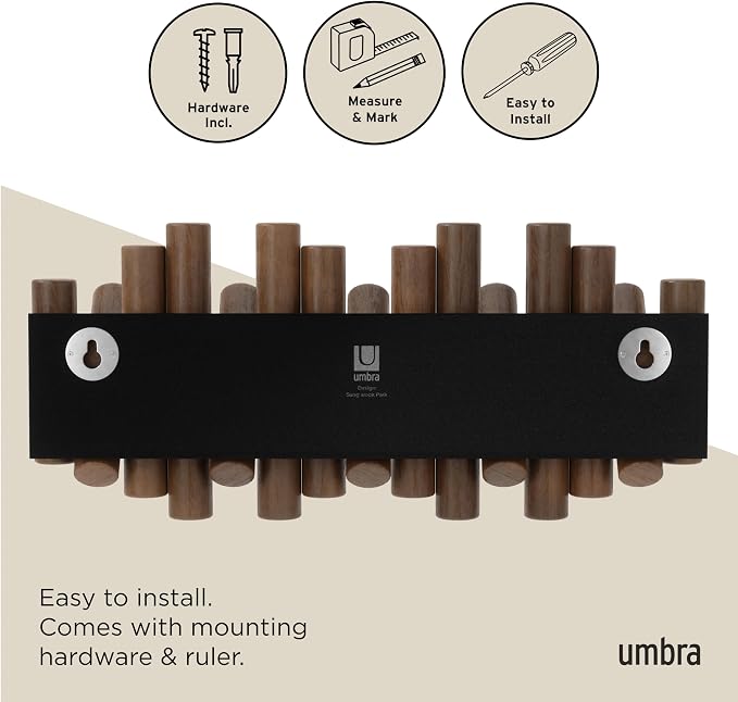 Umbra Picket Coat Rack, Wall Mount 5 Flip-Down Coat Hooks, Walnut | Beveled pine wood dowels, supports up to 5 lbs, mounting hardware included, space saving
