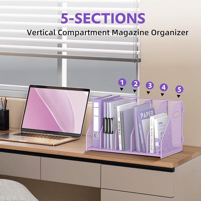 SUPEASY Binder Organizer, Magazine File Holder with 5 Vertical Rack, Purple | Metal Desk File Organizer & Binder Holders, Magazine Organizers for Office Desktop, Home, School, Classroom