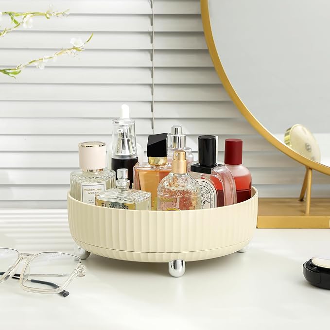 360 Rotating Makeup Perfume Organizer Skincare Tray, Small Beige | 360 Degree Spinning Lazy Susan Organizer Lotion Cosmetics Storage for Dresser, Vanity, Bathroom Countertop