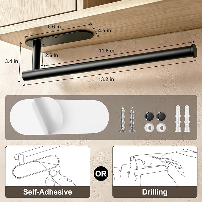 Paper Towel Holder, 2-Pack US304 Stainless Steel Wall Mount Rack, Self-Adhesive No Drilling, Rustproof Space Saving Under Cabinet Mount, Organizer for Kitchen, Bathroom, RV, Pantry (Black)