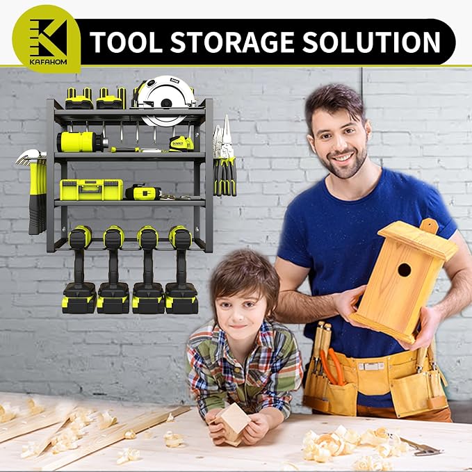 Power Tool Organizer,4 Layer Drill Holders Wall Mount,Heavy Duty Metal Organizers and Storage Rack for Garage Organization,Tools Shelves with Screwdriver Plier/Hammer Holder, Black