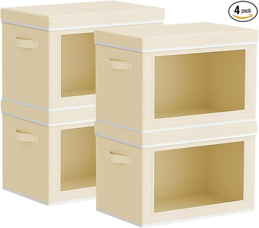Storage Bins with Lids - Small Fabric Organizers with Window, Collapsible Storage Bins for Clothes, Decorative Closet Organizers for Towels, Tshirt, 4 Pack, Beige