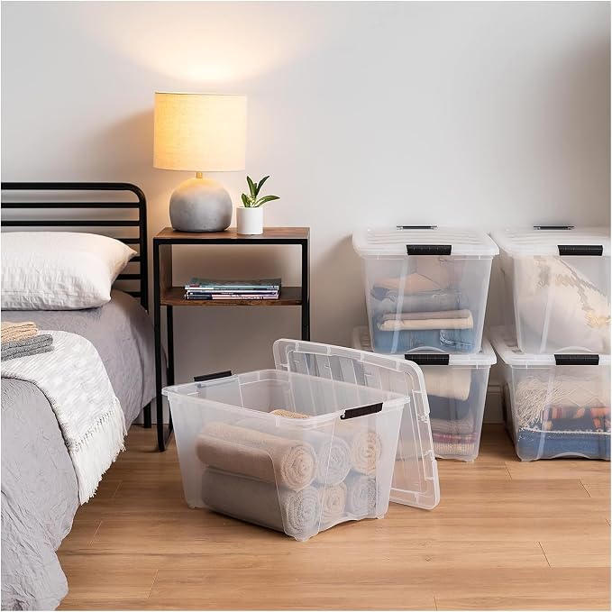 IRIS USA 6-Pack 54 Quart Storage Bins with Lids, Clear | Transparent design makes contents easy to find. Perfect for moving, blankets, clothing, and garage storage. Nestable design
