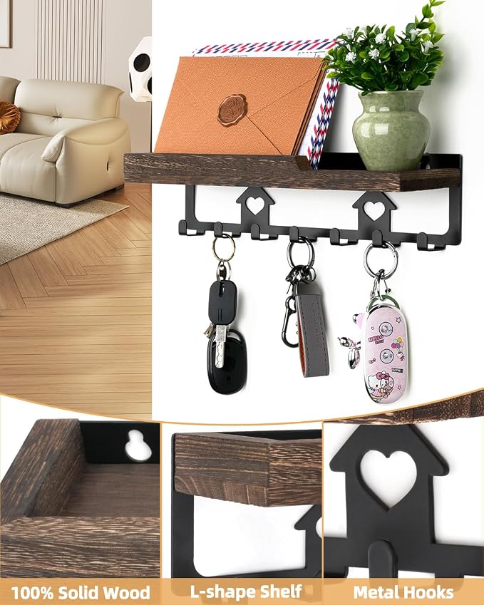 lucdnc Key Holder for Wall with Tray, 7 Hooks & Wood Shelf | Decorative Entryway Organizer for Mail, Keys, Sunglasses, Wall Mounted, Home Office
