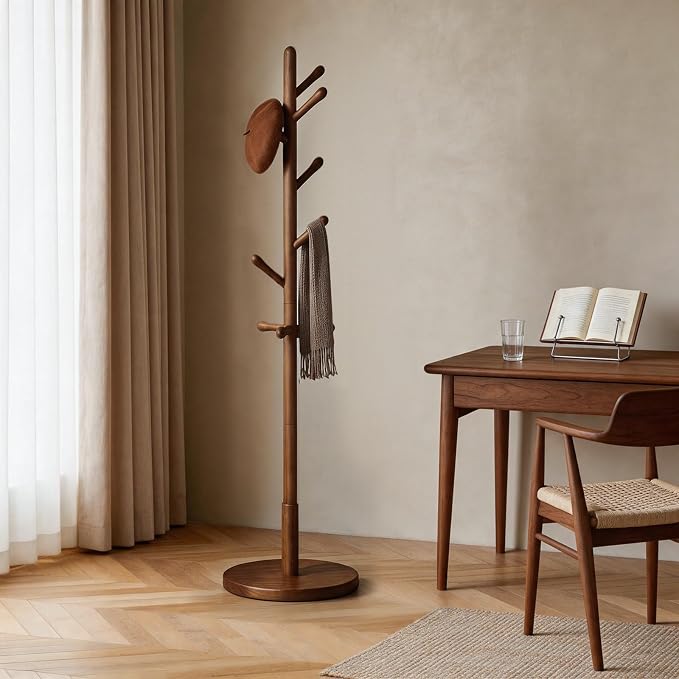 Solid Wood Coat Rack Freestanding with 9 Hooks - Wooden Coat Rack Stand for Entryway, Bedroom, Living Room, Hallway for Coats, Handbags, Hat (Walnut)