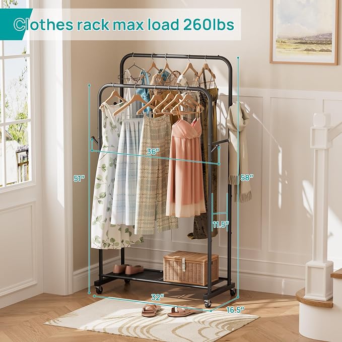 SINGAYE Wardrobe Standing Closet Clothing Rack With Shelf Hanging Clothes | Wardrobe Open Compact Small Metal Garment Hanger Stand Alone Free Standing Black Closet Rack Storage Organizer Heavy Duty