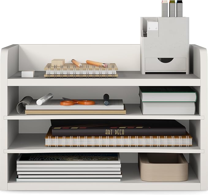Ballucci File Organizer, 4-Tier Office Desk Organizer, Open Top Wood Paper Organizer for Classroom, Mail Sorter Paper Tray with Adjustable Storage Shelves, White