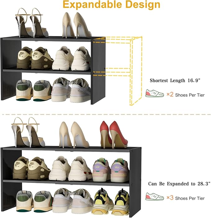 Black Shoe Rack Organizer for Closet, 2-Tier Expandable Shoe Shelf, Stackable Iron Wood Combination Small Shoe Racks Shelves for Closets, Entryway,Small Space,Hallway,Garage,6-12 Pairs