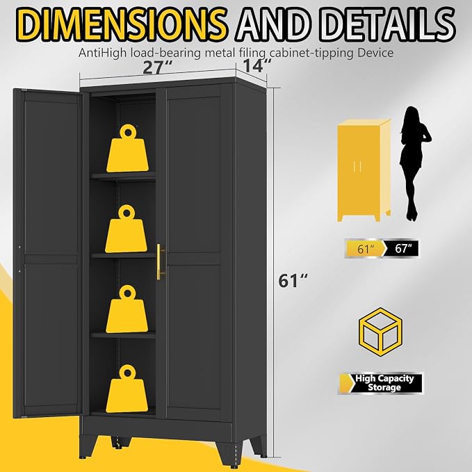 PAOFIN 61" Metal Storage Cabinet with 2 Doors and 3 Adjustable Shelves,Black Metal Garage Storage Cabinets, File Cabinet,Steel Tool Cabinets for Home,Office,Garage,School,Warehouse