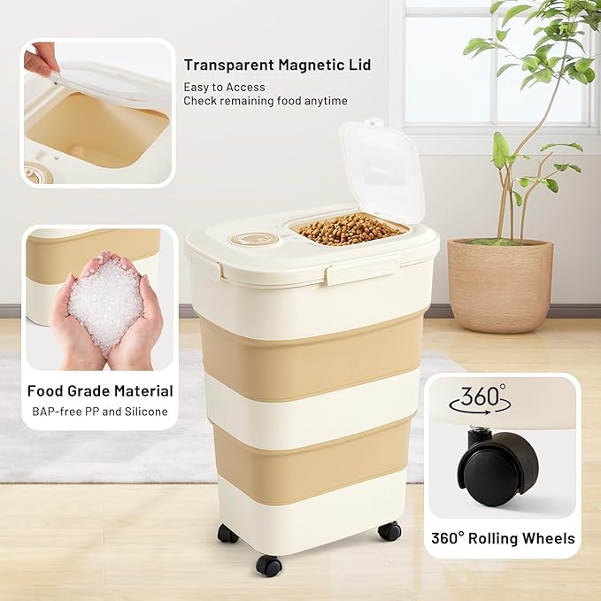 ZOMISIA 40-50lbs Dog Food Storage Container, Large Capacity Collapsible Airtight Pet Food Storage Containers with Rolling Wheels, Transparent Lid, Scoop and Date Track, Khaki