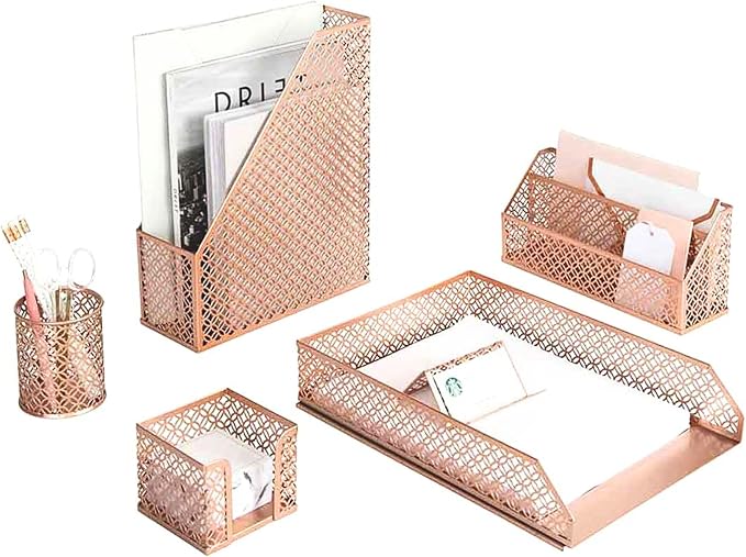 BLU MONACO | Rose Gold Desk Organizer Set | 6 Piece Metal Office Desk Organizer with Mail Sorter, Pen Cup, Sticky Note Holder, Magazine File, Card Holder, Paper Tray | Desk Organizers and Accessories