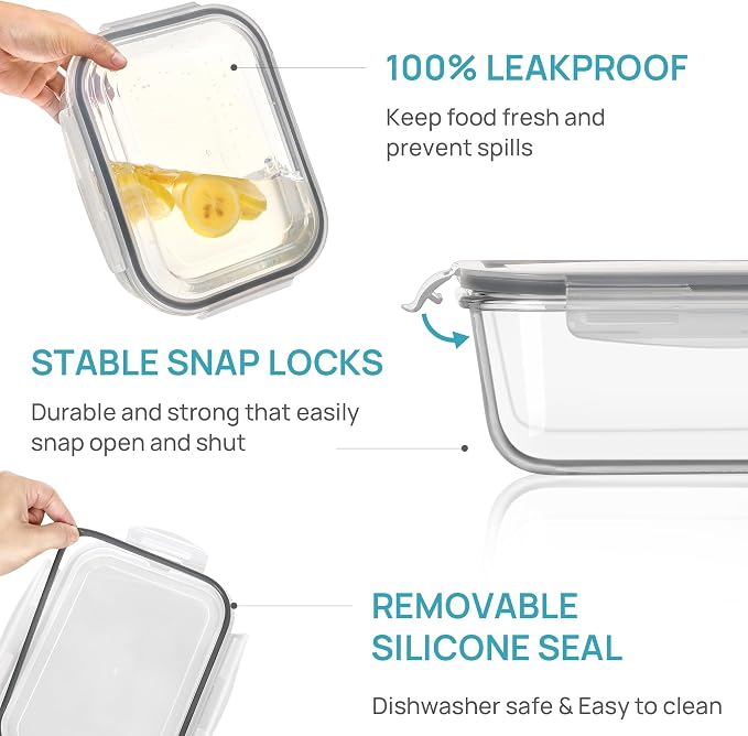 Vtopmart 2.26L/76oz Extra Large Glass Food Storage Containers with Lids, 6 pack Meal Prep Container Set, Airtight Lunch Boxes with Snap Locking Lids for Microwave, Oven, Freezer, Dishwasher | Meal Prep Container Set, Airtight Lunch Boxes with Snap Lock...