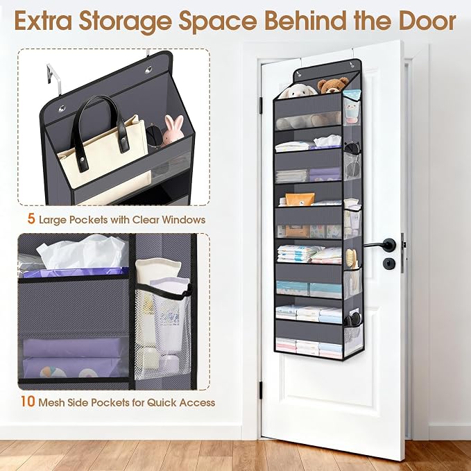 Over The Door Organizer Storage behind Door Hanging Organizer for Nursery | 5 Tier, 10 Side Pockets, Clear Window, Sturdy Construction, Space-Saving Storage for Closet, Bedroom, Bathroom & Nursery