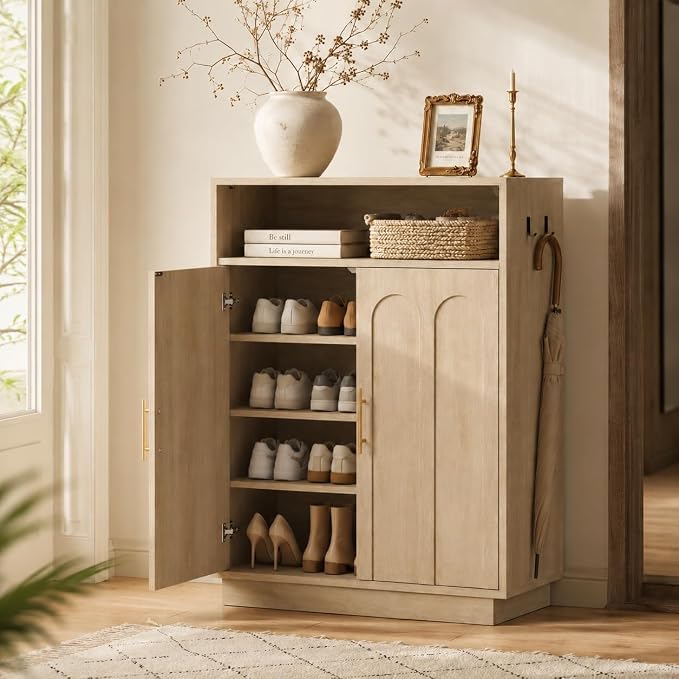 Shoe Cabinet with Arched Doors, 43" Hidden Shoe Storage, Oak | Tall Large, Adjustable Shelves, 5-Tier Mid Century Modern Shoe Rack Organizer, for Entryway Hallway Living Room