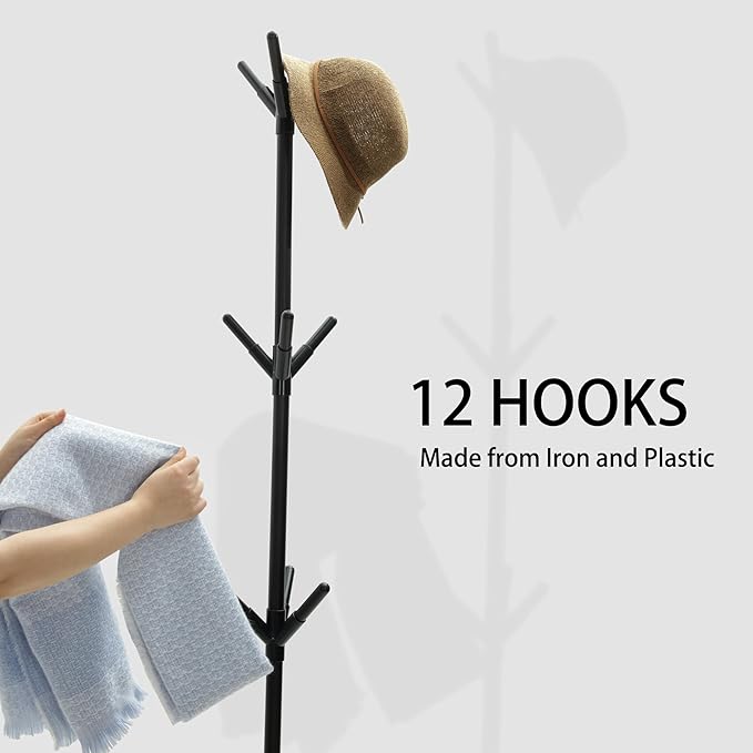 Aynoo Coat Rack Stand with 12 Hooks,Metal Freestanding Coat Standing,Light weight Cap Rack,Black