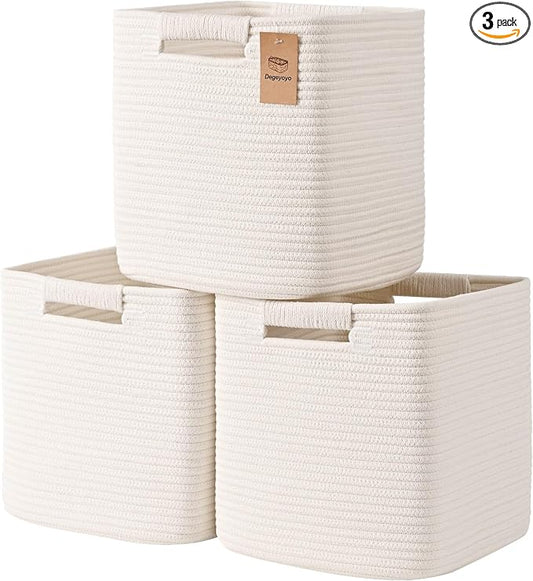 13 Inch Storage Cubes, 3 Pack Cube Storage Bins for Organizing, Cotton Rope Woven Baskets for Shelves, Bathroom, Kids Room, Closets, Baby Nursery
