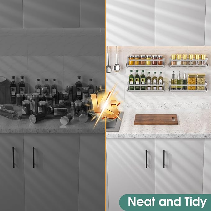 LUCYCAZ 4 Pack Wall Mounted Spice Rack for Kitchen Cabinet,RV,Camper,Sliver | 16 Metal Hooks, Space-Saving,Screw or Adhesive Spice Shelf Hanging,for Pantry Door Spice Jars & Seasonings,11.41×2.75×2.36in