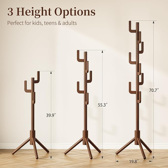 Yoobure Solid Wood Coat Rack - Cactus Coat Tree Freestanding with 8 Hooks, Coat Hanger Stand with 3 Adjustable Sizes for Jacket, Hat, Clothes Stands for Hall, Entryway, Bedroom, Office, Living Room