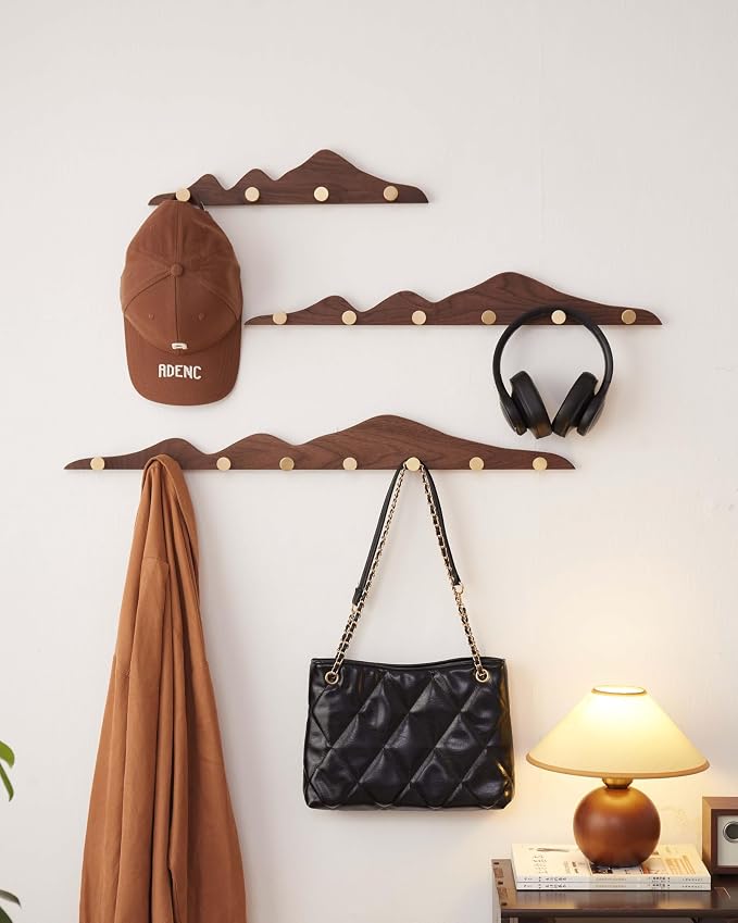 Wood Coat Hooks Wall Mount - Wooden Coat Rack with 8 Gold Brass Hooks for Entryway Bathroom Bedroom, Modern Decorative Wall Hooks Heavy Duty Organizer for Hanging Clothes Hats Bags Robes Towels Purse