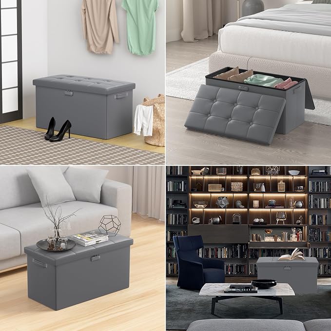ENGPOW Storage Ottoman Bench,Fireproof Folding Bench with Lock,30 Inches Fire＆Water Resistant Storage Chest Foot Rest Stool Leather Bedroom Ottoman Safe for Documents,Valuables, Grey