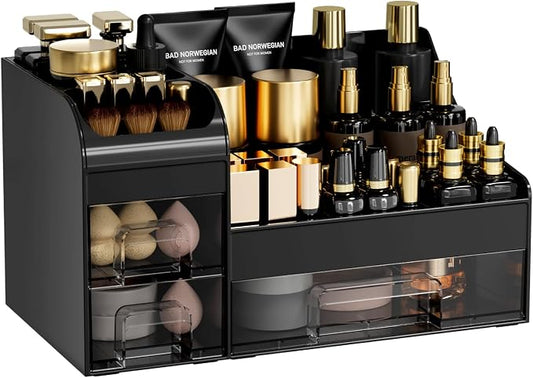 Extra Large Makeup Organizer for Vanity,Countertop Organizer with Drawers and Brush Holder,Men’s Cologne Organizer for Bathroom,Cosmetic Skin Storage for Lipsticks,Nail Polish & Shaving Lotion,Black