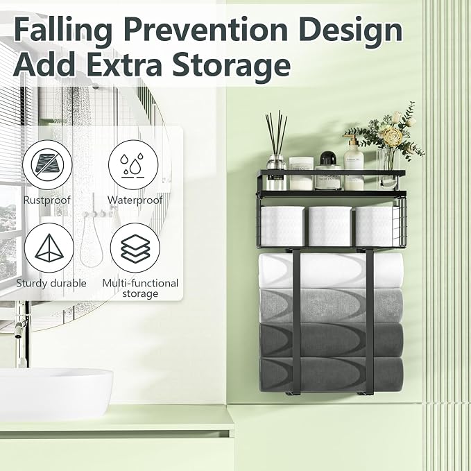 Xstydes Towel Racks for Bathroom, Metal Towel Holder with Storage Basket,Wall Towel Rack for Rolled Towels, Towel Storage for Small Bathroom,Black