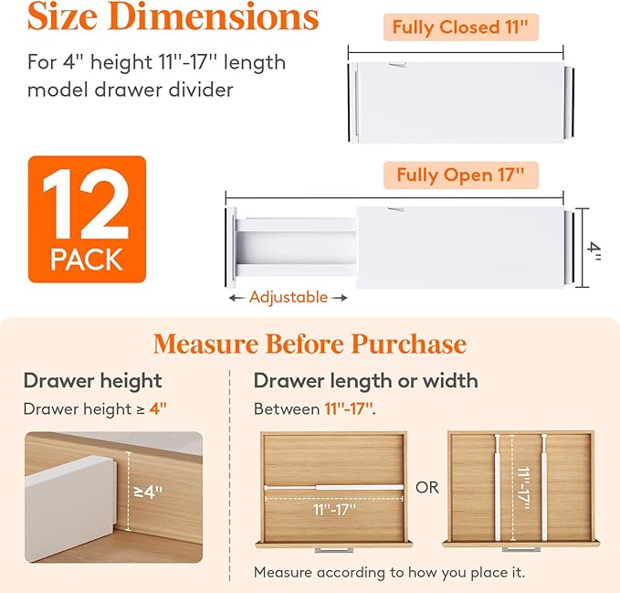 Lifewit 12 Pack Upgrade Drawer Dividers for Clothes, 4" High 11-17" Adjustable Dresser Drawer Organizers, Expandable White Plastic Drawer Separators for Kitchen, Nursery, Office Organization & Storage