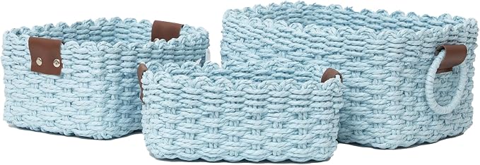 Small baskets for Organizing,Cute woven Storage basket with recycled paper rope for Shelves Bathroom,Little decorative basket,Set of 3 (Sky-Blue)