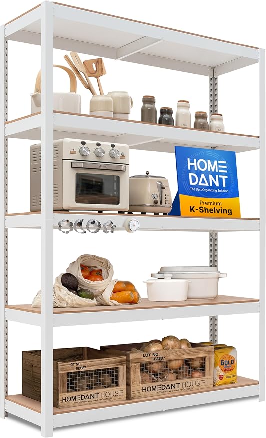 House White 48.1" W 5 Tier Storage Shelves Garage Shelving Unit | Adjustable boltless metal shelving for pantry, closet, kitchen, basement, garage and warehouse