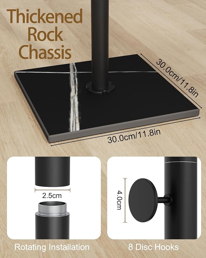 Clothes Rack Freestanding, Coat Tree with 8 Hooks, Black | Small Standing Cloth Hanger with Heavy Rock Slab Base, Modern Metal Garment Rack with 8 Hooks for Bedroom, Office