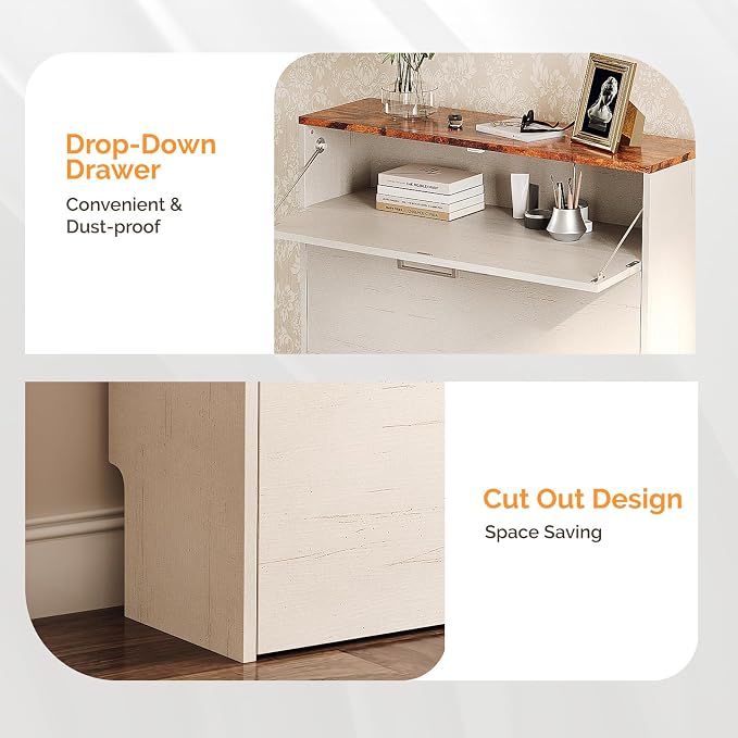 VINGLI Shoe Cabinet for Entryway, Farmhouse Slim Shoe Rack Storage with 3 Flip Drawers, Rustic Brown Top & Washed White Body, Narrow Hidden Shoe Organizer for Hallway, 9.5" Depth