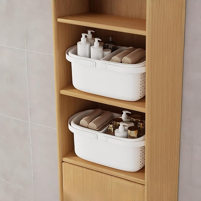 Pulseplay Plastic Shower Caddy Basket with Handle Portable Organizer Storage Basket with Drainage Holes for Bathroom College Dorm Bedroom Kitchen Gym (White)