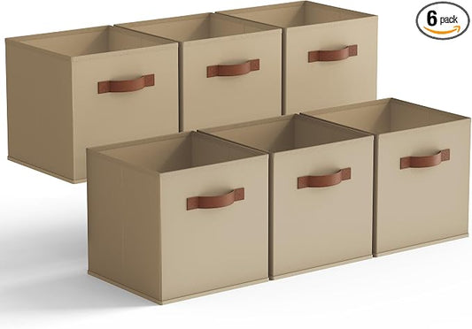 GRANNY SAYS Cube Storage Bins, 11 Inch Cube Storage Organizer with PU Handle, Khaki, Foldable Clothing Organizer Bins, Storage Baskets for Shelves, Closet, 6-Pack