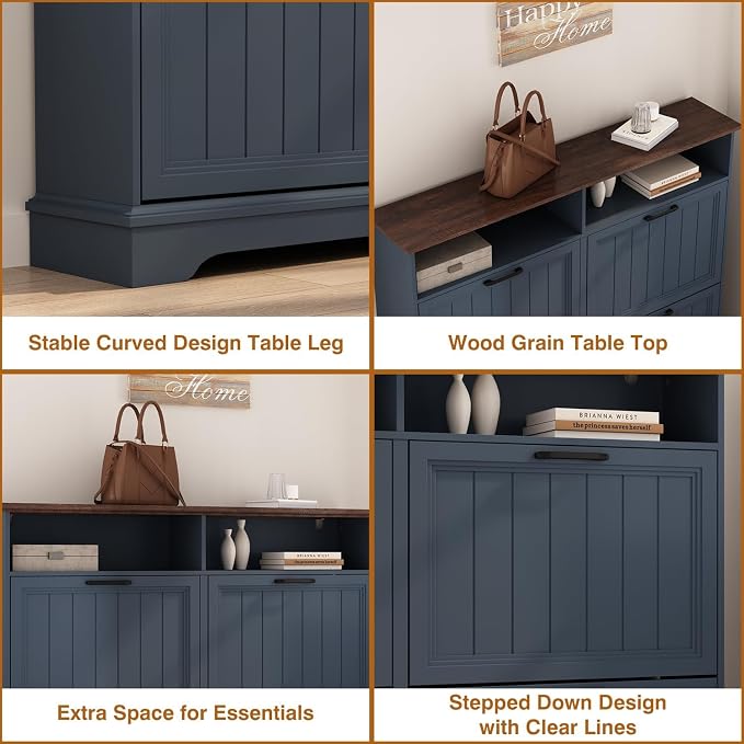 Hidden Shoe Storage Cabinet with 4 Flip Drawers & Open Storage | Farmhouse Modern Shoes Rack Cabinet,Adjustable Shelves ,Narrow Slim Shoe Organizer for Entryway,Foyer,Hallway,Navy Blue