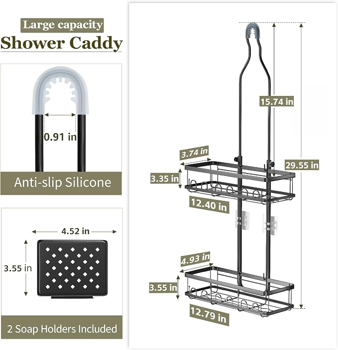 Skyapex Shower Caddy Hanging Over Shower Head, Adjustable, Black | Adjustable height fits tall bottles up to 18 inches; anti-sway design holds 40 lb; quick-drain steel; includes 2 soap trays.