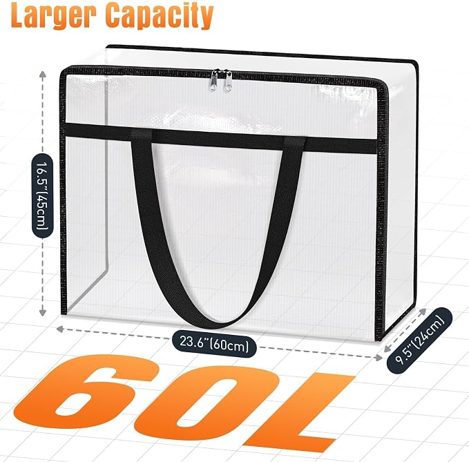 4 Packs 60L Clear Under Bed Storage Containers, Large Clothes Storage Bags | Heavy Duty Large Capacity Foldable Moving Bags with Sturdy Handles, Clothing Organizer Totes for Bedding Comforter Sheet