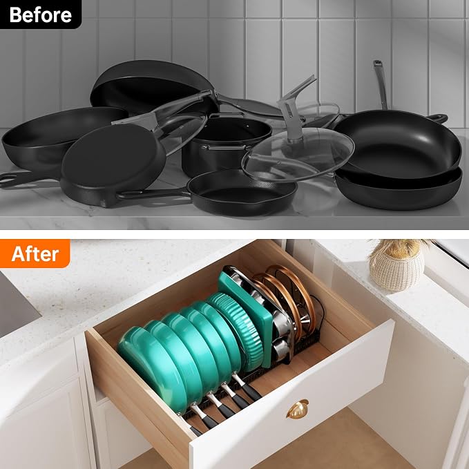 MUDEELA Expandable Pot Pan Lid Organizers inside Cabinet, 12 Divider-Black | Expandable 11.8–22.9", 12 Adjustable Divider, Tool-Free Assembly, Non-Slip, Scratch-Proof, For Pan Lid Cutting Board Bakeware