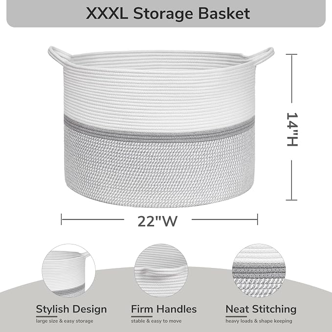 CHICVITA 85L Large Cotton Rope Blanket Basket with Handles, Grey | Woven storage basket for laundry, pillows, toys. Decorative for living room, bedroom, nursery, 22x22x14in