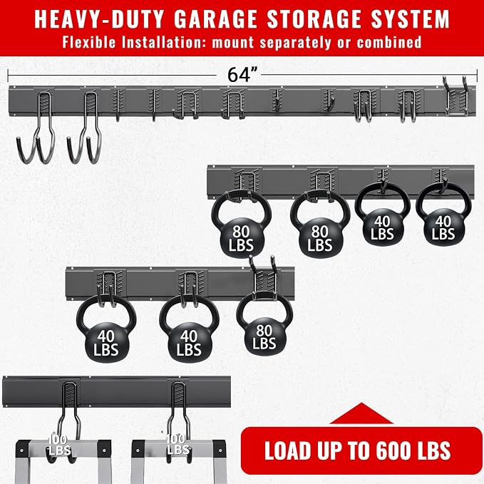 Garage Tool Organizer Wall Mount, Easy to 64inch Install Heavy-Duty Garage Storage System with 11 Adjustable Hooks, Garden Tool Rack for Shovels, Rakes, Yard Tools