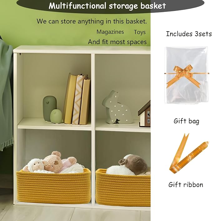 COMFY-HOMI 13" x 8.5" x 5.1" Storage Baskets for Organizing | Cotton Rope Woven Basket | Toy Storage Bin Box | Basket for Shelves, Closet Organizer Bin, Decorative Closet Shelf, 3 Pack