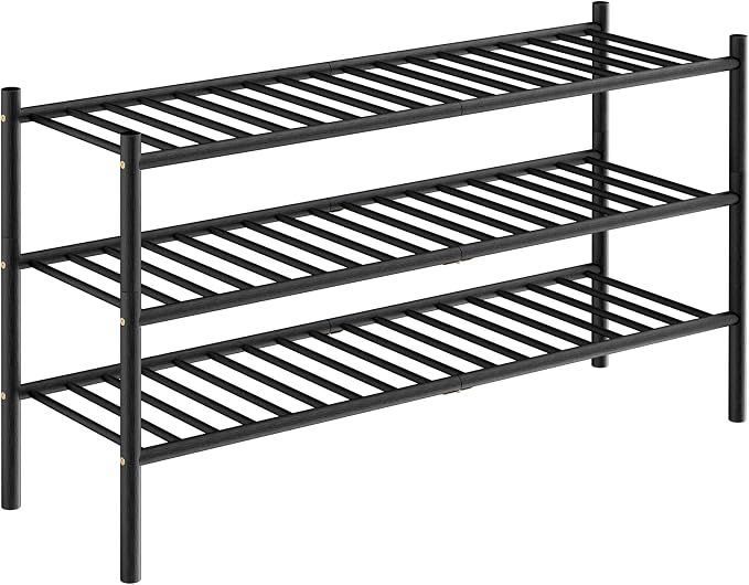 ROMGUAR CRAFT 3-Tier Bamboo Long Shoe Rack, Free Standing Wood Shoe Shelf Storage Organizer for Closet Entryway Stackable 35"x11"x20" (Black)
