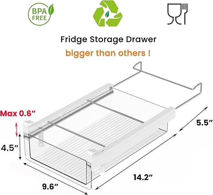 Deeper Refrigerator Drawers, Adjustable Refrigerator Shelf 14-19.5 Inches Large Fridge Drawer Organizer Pull Out, Deli Meat Container for Produce, Cheese, Bacon-XL