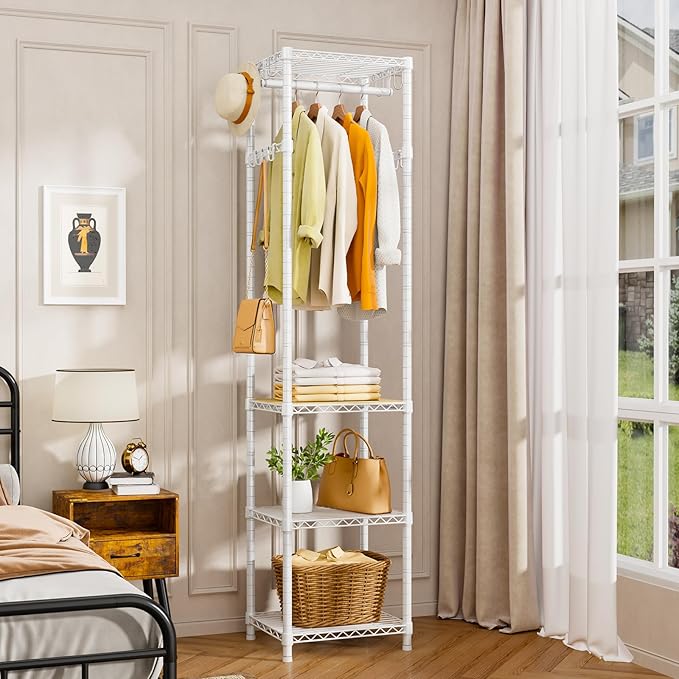 R1 Heavy Duty Clothes Rack with Storage Shelves, 448 Lbs Load, White | Heavy-duty freestanding clothes rack supports up to 448 lbs for hanging garments and daily supplies