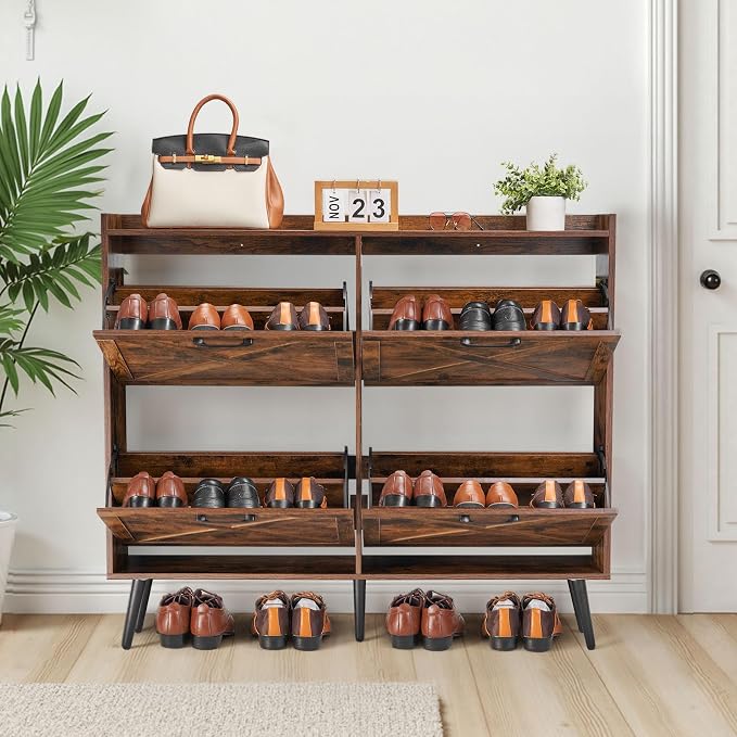 VEVOR Shoe Cabinet with 4 Flip Drawers, Farmhouse Shoes Storage Cabinet with Wood Legs and Anti-Tipping Device, Freestanding Shoe Organizer Ideal for Entryway, Hallway, Bedroom, Living Room, Brown