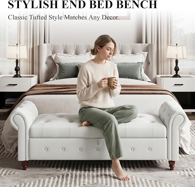 NIOIIKIT 63'' Storage Ottoman Bench, Tufted Entryway Bench White Polyester | Button Tufted End of Bed, Large Storage Space, Rolled Armed Ottoman Couch Long Bench for Bedroom, Living Room, Hallway